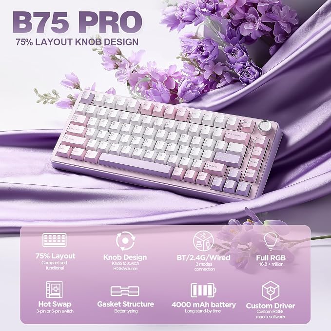 YUNZII B75 PRO 75% Wireless Mechanical Keyboard (Purple, Cocoa Cream V2) | Hot Swap Keyboard with Knob, Gasket Mount, Creamy Pre-lubed Switch for Smooth Typing, BT/USB-C/2.4G, for Gaming - Image 2