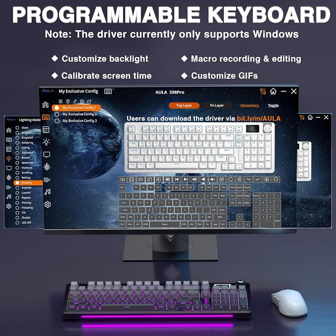 AULA S98 Pro Wireless Mechanical Keyboard with Screen & Knob,2.4GHz/USB-C/BT5.0 Hot Swappable Creamy Keyboard,Pre-lubed Linear Switches,Side Printed PBT Keycaps,RGB Backlit Gaming Keyboards - Image 7