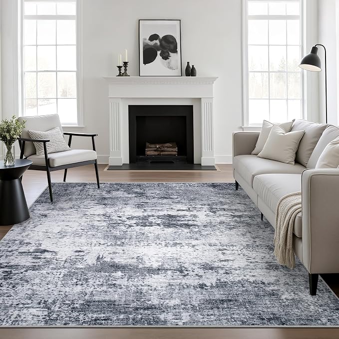 8x8 Area Rug Living Room Rug: Washable Modern Abstract Soft Thin Rug Indoor Floor No Slip Stain Resistant Carpet for Bedroom Dining Room Farmhouse Nursery Home Office - Grey by FXRHLP