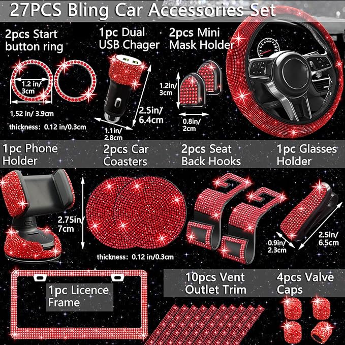 NBTEPEM 27 PCs Red Bling Car Accessories Set for Women, Steering Wheel Covers Universal Fit 15 Inch, Bling License Plate Frame, Bling Phone Holder, Bling Car Coasters (Red Diamond) - Image 2