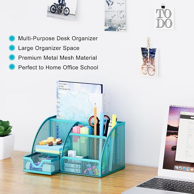 EasyPAG Mesh Desk Organizer with Drawer Multi-functional Pen Holder Stationery Organizer for Office School Supplies 6 Compartments Dorm Organizers and Storage for Desk, Blue - Image 2