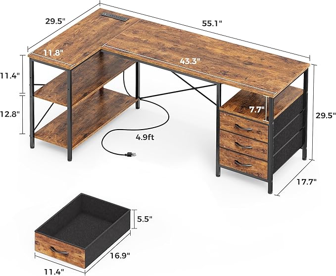 Huuger L Shaped Office Desk with Power Outlets, 55 Inch Computer Desk with 3 Drawers, Shelves, Reverisble for Gaming Corner Work Home Office Study, Rustic Brown - Image 3