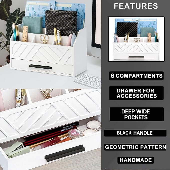 dreampossible Wood Desk Organizer and Accessories with Drawer, Bill Mail Organizer and File Mail Holder for Office Supplies, Modern Desk Accessories & Workspace Organizers for Desk Organization - Image 7