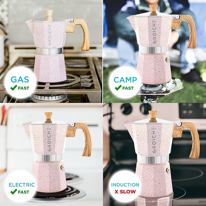 GROSCHE Milano Stovetop Espresso Maker Moka Pot 9 espresso Cup 15.2 oz Pink | Cuban Coffee Maker And Italian Moka Pot For Stovetop Espresso; For Gas, Electric, And Propane Stoves With A Soft-Touch Handle - Image 6