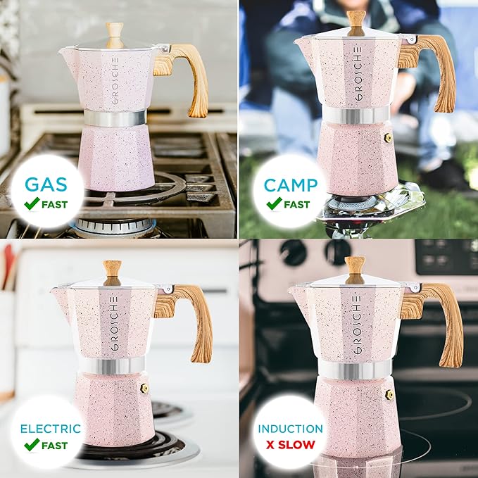 GROSCHE Milano Stovetop Espresso Maker Moka Pot 6 espresso Cup 9.3 oz Pink | Cuban Coffee Maker And Italian Moka Pot For Stovetop Espresso; For Gas, Electric, And Propane Stoves With A Soft-Touch Handle - Image 6