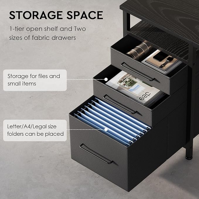 Maihail Small Desk with Drawers, Office Desk with Storage Shelves, Black | 47 Inch Desktop, Metal Frame, 3 Fabric Drawers, Storage Shelves, Computer & Writing Desk, Office Gaming Workstation - Image 4