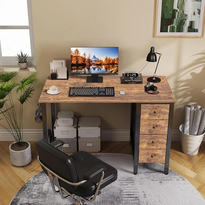 Lufeiya 47 inch Computer Desk with 4 Drawers, Reversible Writing Work Study Desk for Home Office Bedroom, Modern Simple Student PC Desks, Rustic Brown - Image 2