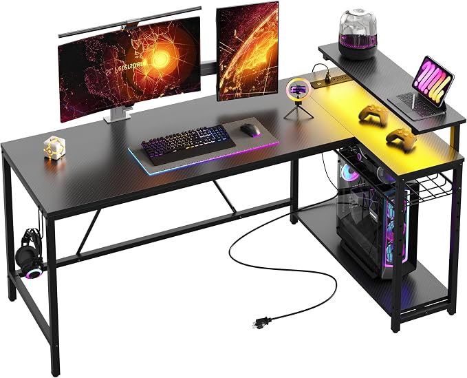 Bestier 58-Inch L-Shaped Gaming Desk with Charging & LED, Black | Charging 3AC+2USB, RGB LED Strip, Reversible Shelves, Monitor Stand, Headphone Hook, Metal Mesh Shelf, 58 in - Image 6