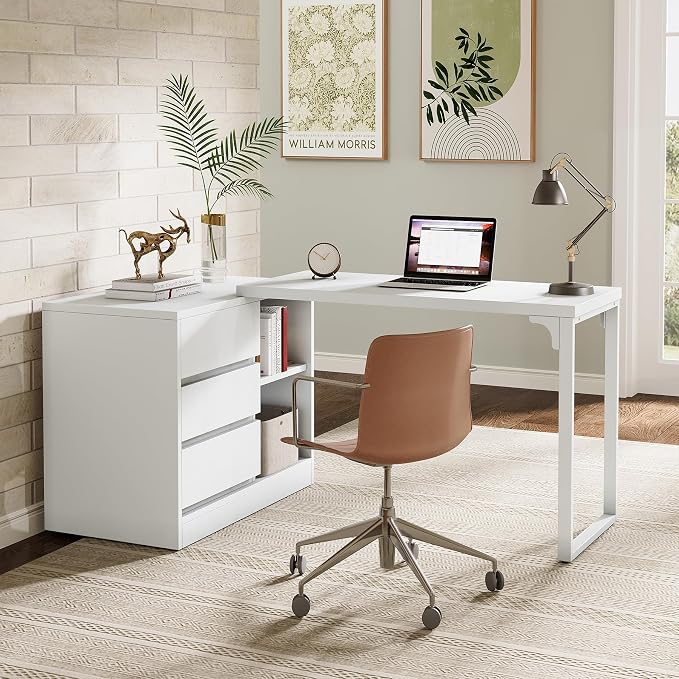 Tribesigns L-Shaped Computer Desk with Drawers and Shelves, Reversible White Corner Office Desk with Storage Cabinet, Modern Study Writing Table for Home Office, Bedroom by Unknown