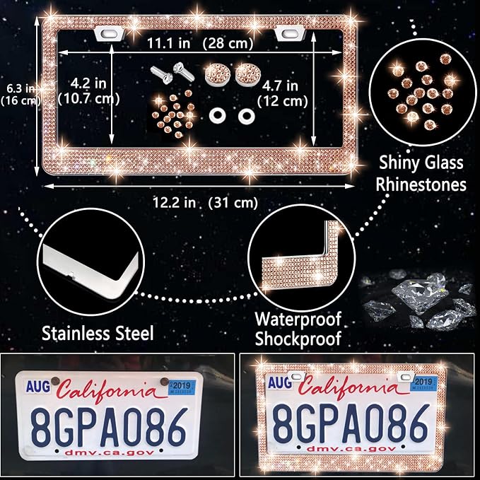 NBTEPEM 27 PCs Gold Champagne Bling Car Accessories Set for Women, Steering Wheel Covers Universal Fit 15 Inch, Bling License Plate Frame, Bling Phone Holder, Bling Car Coasters - Image 4