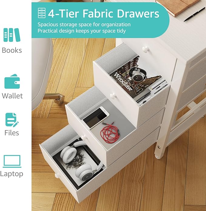 Lufeiya White Computer Desk with Drawers, 47 Inch Reversible Study Work Writing Desk for Home Office Bedroom, Simple Modern Cute PC Desks with Fabric Drawer, White - Image 5