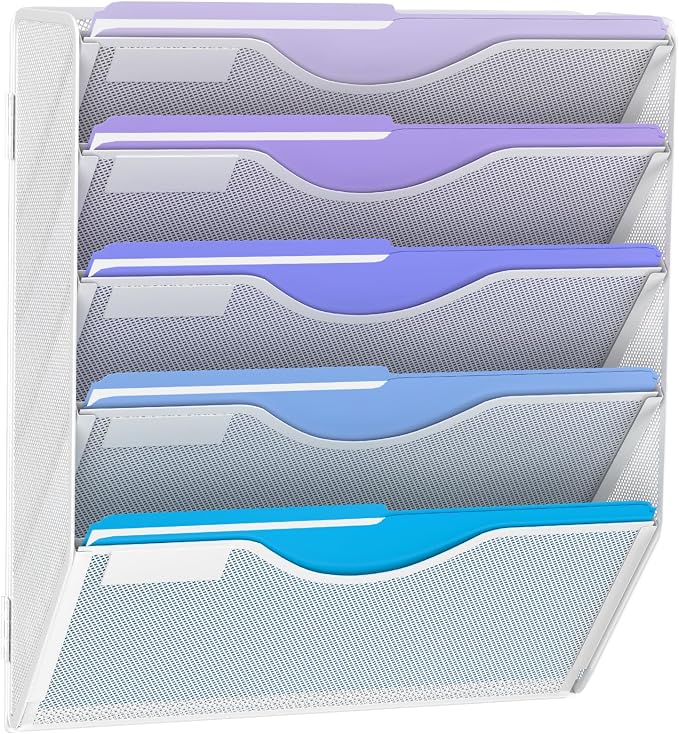 Gawerk 5 Tier Hanging Wall File Organizer, Mesh Mail Paper Orgnization Hanging File Folder Holder for Home Office, White by Gawerk