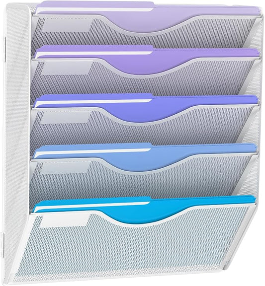 Gawerk 5 Tier Hanging Wall File Organizer, Mesh Mail Paper Orgnization Hanging File Folder Holder for Home Office, White by Gawerk
