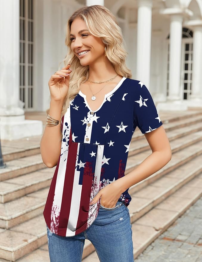Zeagoo Womens Short Sleeve Tops Summer Henley V-Neck Tshirts Casual Pleated Blouse Dressy Loose Floral Basic Tee - Image 5