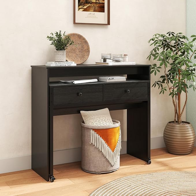 Giantex Small Computer Desk with Hutch & Drawers, Extendable Writing Desk w/Pull Out Secondary Table, Monitor Stand & Rolling Wheels, Console Table, Compact Desk for Small Spaces, Home Office (Black) - Image 2