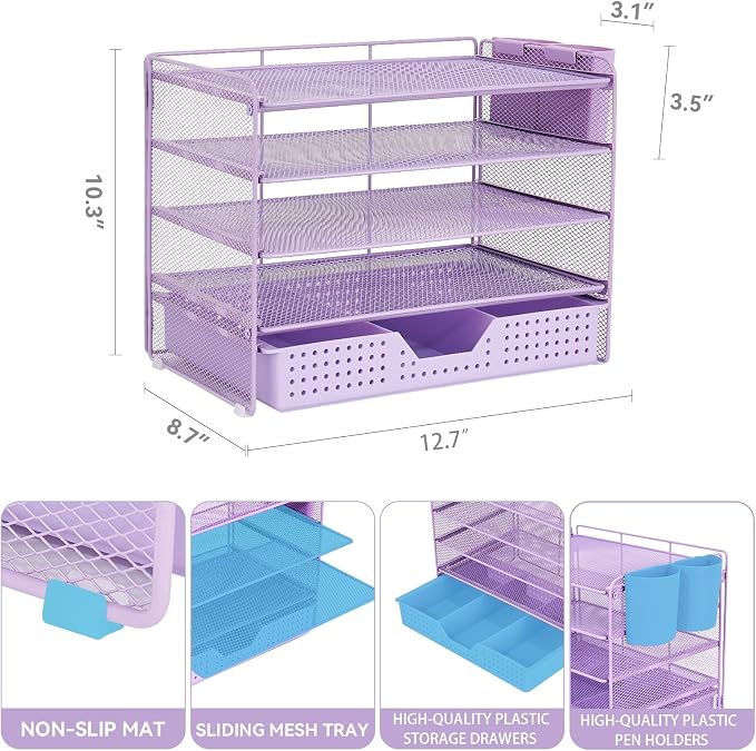 LEKETREE Desk Organizers and Accessories, 5-Tier Paper Letter Tray Organizer with Drawer & 2 Pen Holders, Desktop Organizer for Office Supplies (Purple) - Image 2