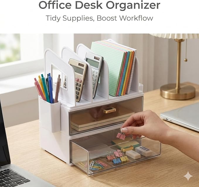 CiWiVOKi Desk Organizer with 4 File Slots and 2 Drawers, White | Desktop organizer with dual pen holders for storing files, mail, notebooks and office supplies in home or office use - Image 4