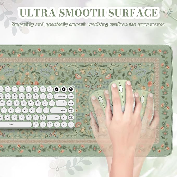 iCasso Aesthetic Floral Desk Mat,31.5x11.8in Mouse Pads,Light Green | Anti-Slip Mousepad with Stitched Edges, Waterproof Computer Pad, Desk Accessories Office Decor for Women - Image 3