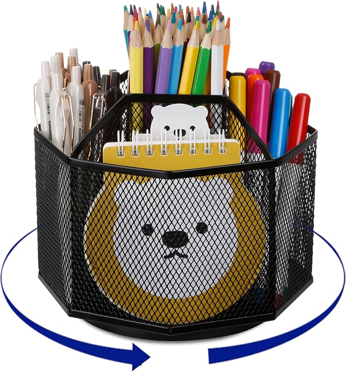 Comix Mesh 360° Rotating Pen Holder, Desk Organizer for Home Office, Black | 9 Compartment Pencil Holder, Sticky Notes Holder, Pen Organizer Office Supplies by Comix