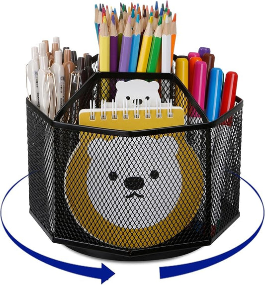 Comix Mesh 360° Rotating Pen Holder, Desk Organizer for Home Office, Black | 9 Compartment Pencil Holder, Sticky Notes Holder, Pen Organizer Office Supplies by Comix