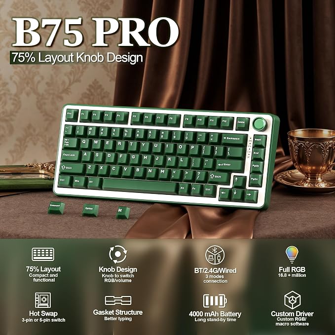 YUNZII B75 PRO 75% Wireless Mechanical Keyboard (Olive Green,Milk Switch) | Hot Swap Keyboard with Knob, Gasket Mount, Creamy Pre-lubed Switch for Smooth Typing, BT/USB-C/2.4G, for Gaming - Image 2