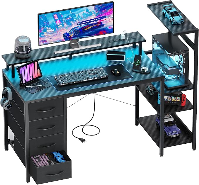 51 Inch Gaming Desk with Drawers & PC Tower Stand & LED Lights, Black | Reversible, Monitor Shelf, Power Outlets, Carbon Fiber, Mesa Gamer, Computer Desk with Storage, Gaming Table for Home Office by YOUDENOVA
