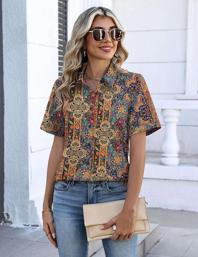 Zeagoo Button Down Shirts for Women Short Sleeve Collared Tops Dressy Casual V Neck Blouses - Image 2