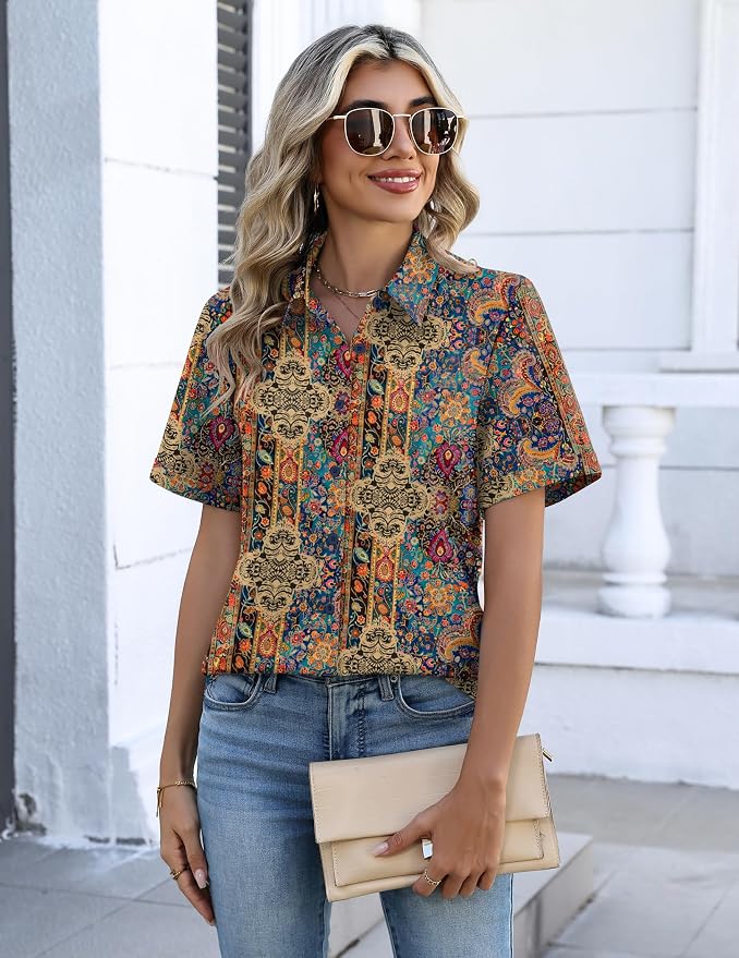 Zeagoo Button Down Shirts for Women Short Sleeve Collared Tops Dressy Casual V Neck Blouses - Image 2