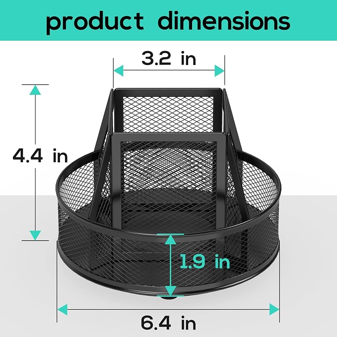 YINGHUA Metal Mesh Desk Organizer with 5 Compartments and Rotating Pencil Holder Pen and Stationery Organizer for Office Home School Anti Slip Base Black - Image 2