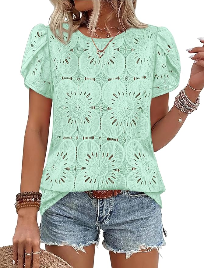 OFEEFAN Blouses for Women Dressy Casual Petal Short Sleeve Shirts Crochet Lace Boho Tops Spring Fashion Summer Outfits by OFEEFAN