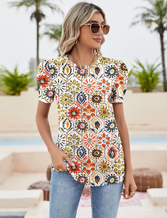 Ivicoer Puff Short Sleeve Shirt for Women Eyelet Tops Summer Crewneck Blouse Loose Fit S-XXL - Image 2