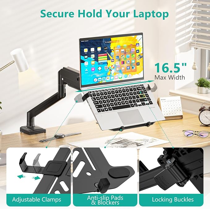 WALI Single Arm Laptop and Monitor Desk Mount for 17" Notebook and Up to 32" Screen, 2-in-1 Adjustable Gas Spring Monitor Arm with Laptop Tray, VESA 75x75 100x100,Holds 22-26.4 lbs, Black (GSMP001NLP) - Image 4