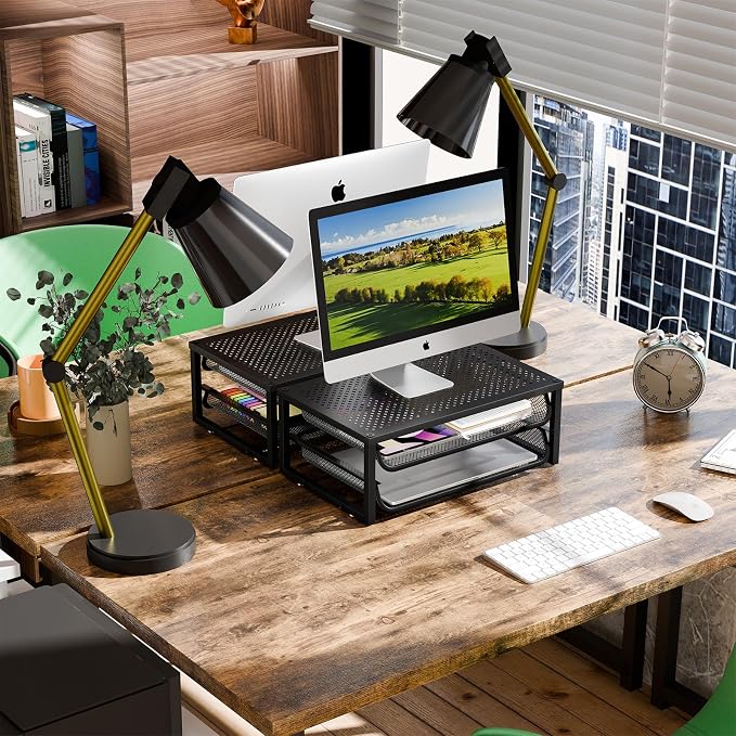 Ekisemio 2-Pack 2-Tier Monitor Stand Riser with Drawer, Metal Computer Desk Organizer for Home Office, Black - Image 6