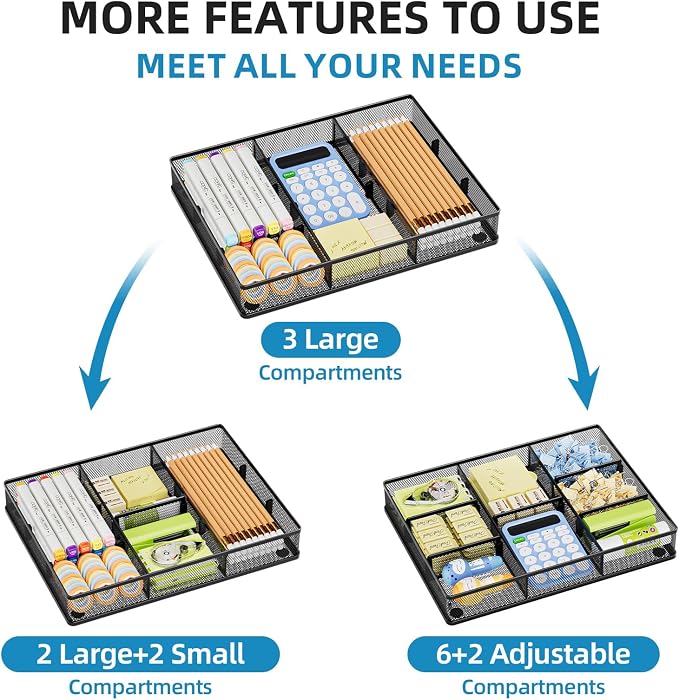 Marbrasse 2Pack Desk Drawer Organizer, Metal Mesh Drawer Organizer Tray with 5 Adjustable Compartments,Desk Organizers and Accessories for Home,Office,Kitchen,Makeup,Vanity (Black) - Image 4