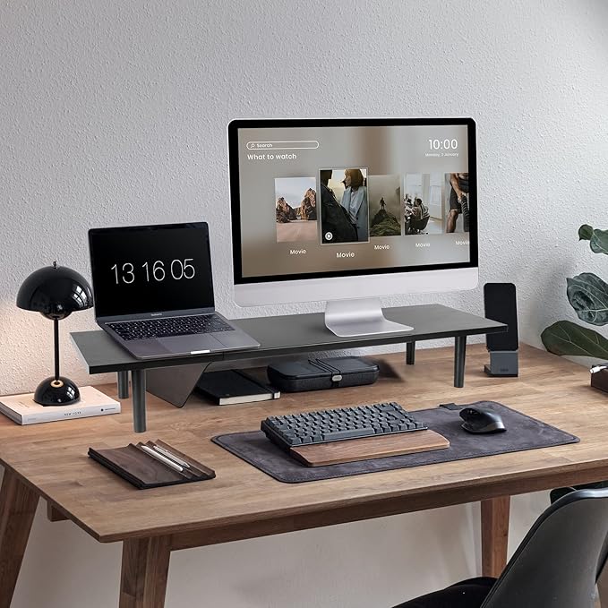 Across-Star Dual-Monitor-Stand-Riser-For-Desk Adjustable Length 32-40 Inch，Large Desktop Computer Monitor Riser For 2 Screens，Desk Shelf Organizer Riser Stand For Computer/Laptop/PC/Printer/TV Black - Image 2