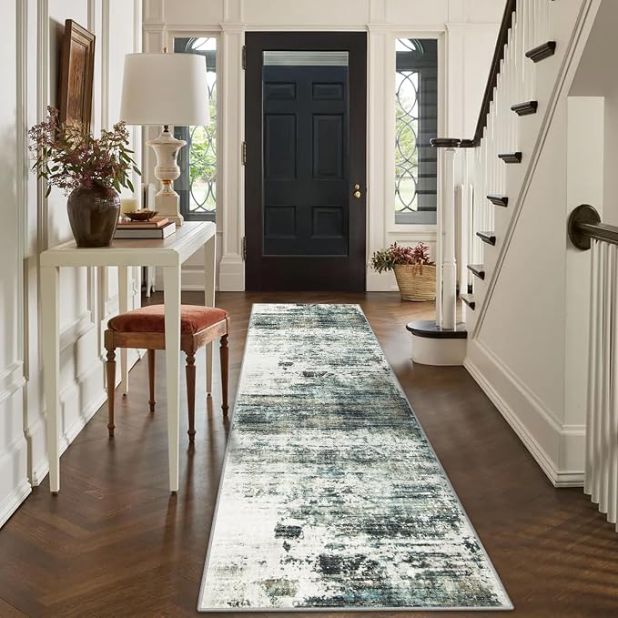 2'6''x8' Runner Rugs Washable Rug: Modern Abstract Hallway Runner Rug Indoor Soft Low Pile Thin Carpet Anti-Skid Non-Shedding Carpets for Kitchen, Entryway, Laundry, Bedroom - Green Multi - Image 4