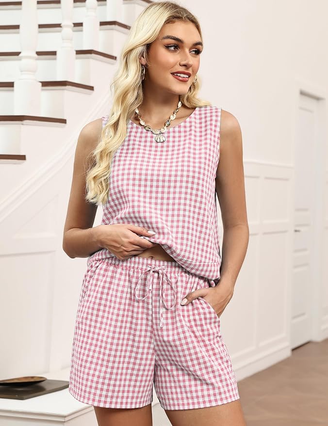 LOMON Women's Trendy 2 Piece Outfits Shorts Sets Summer Crew Neck Sleeveless Tank Top and Bottom Matching with Pockets 2026 - Image 3