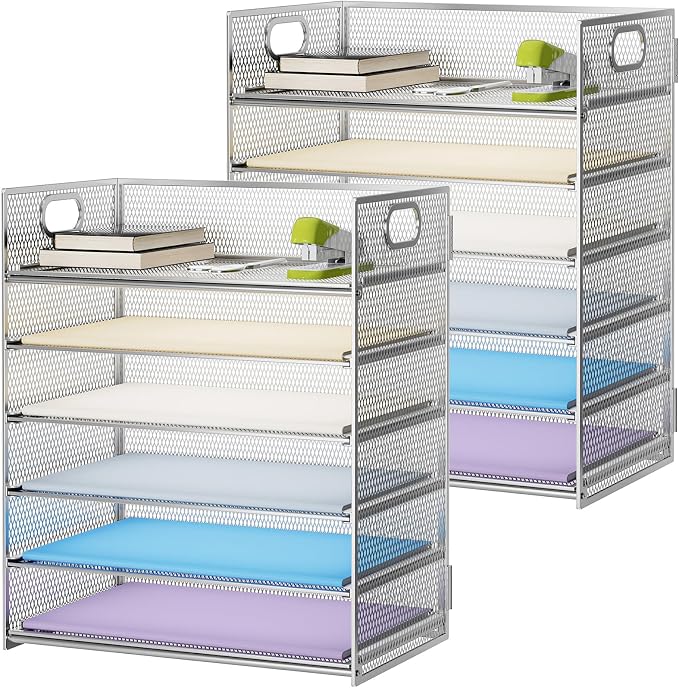 Marbrasse 2 Pack Desk Organizer with Handle, 6 Tier Paper Letter Tray, Mesh Desk File Organizer for Office, School and Home - Silver by Marbrasse