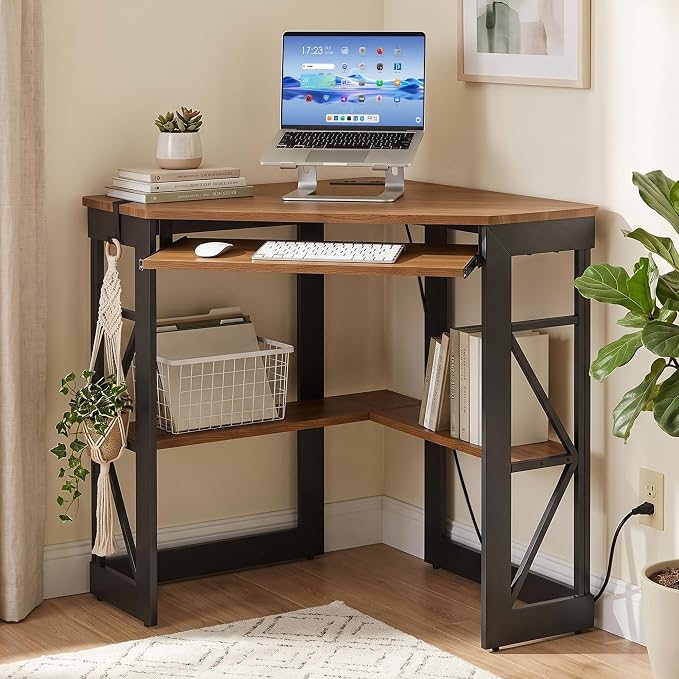 VECELO Corner Desk, Triangle Computer Desk for Small Space with Charging Station and Keyboard Tray, Corner Makeup Table with Storage Shelves for Home Office Bedroom, 41x30, Light Walnut - Image 2