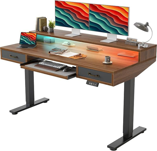 TIQLAB Standing Desk with Two Drawers, Stand Up Standing Desk Adjustable Height, Electric Sit Stand Table with Storage Shelf and Splice Board, with LED Light, 55 * 28 inch, Black Walnut by TIQLAB