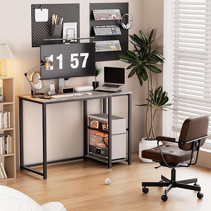 SINPAID Computer Desk 40 inches with 2-Tier Shelves Sturdy Grey Desks with Large Storage Space Modern Gaming Desk Study Writing Laptop Table, Gray - Image 4