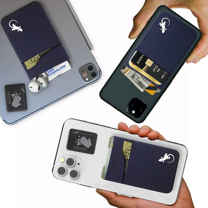 Gecko Travel Tech Double Pocket - Adhesive Card Holder - Cell Phone Pouch - Stick on Spandex Pocket - Carry Credit Cards and Cash (Navy) - Image 2