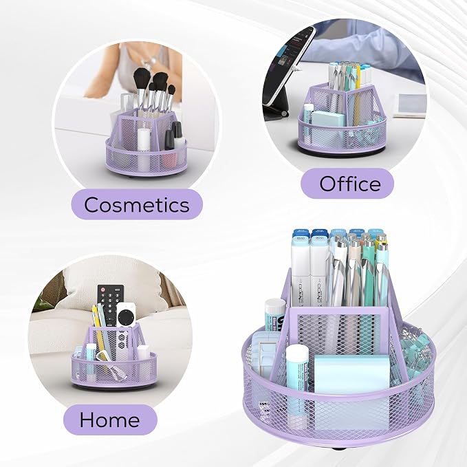 YINGHUA Metal Mesh Desk Organizer with 5 Compartments and Rotating Pencil Holder Pen and Stationery Organizer for Office Home School Anti Slip Base Purple - Image 5