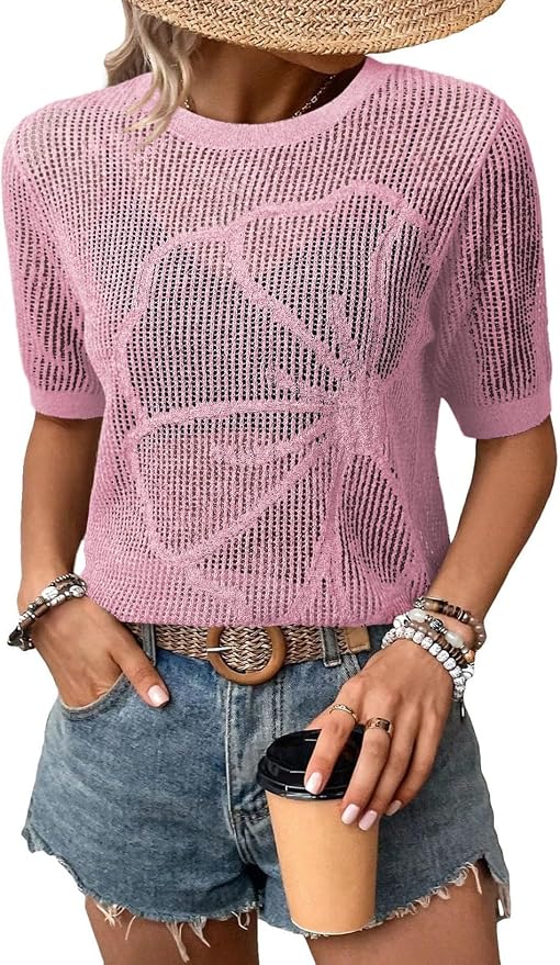 Dokotoo Womens Summer Short Sleeve Crochet Tops Hollow Out Floral Sweaters Beach Vacation Cruise Outfits by Dokotoo