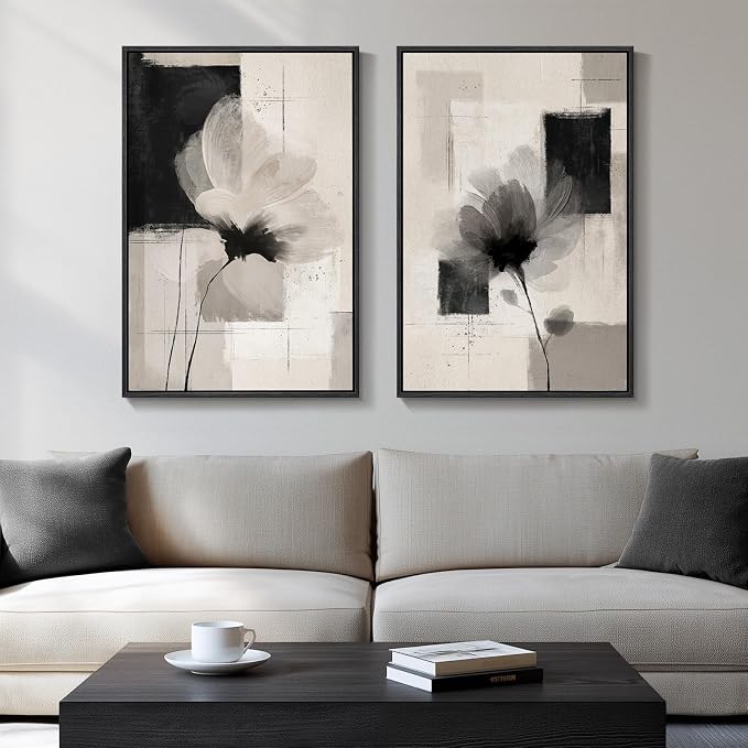 Framed Neutral Abstract Floral Wall Art, 2 Piece Black and Beige Minimalist Canvas Prints Paintings Artwork for Walls, Modern Elegant Pictures for Living Room Dining Room Bedroom Wall Decor 20x30 In by Cuspin