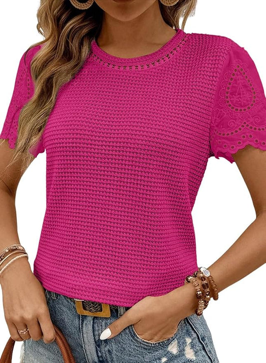SHEWIN Womens Frenchy Summer Tops Crewneck Short Sleeve T Shirts Casual Waffle Knit Jacquard Blouses Top Shirts by SHEWINBeYourFashionStylist