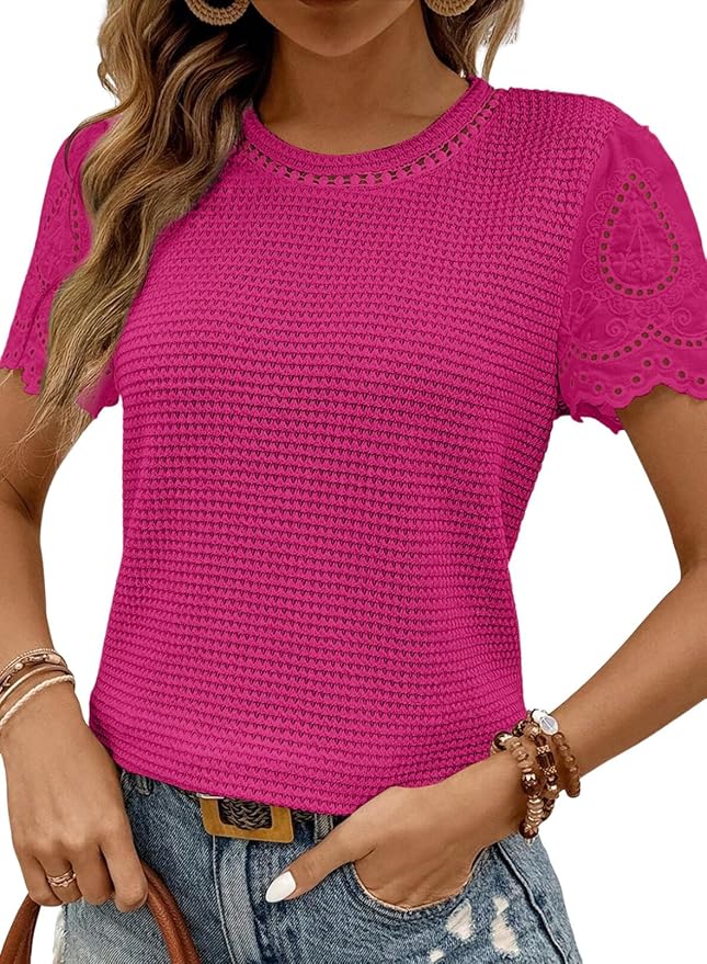 SHEWIN Womens Frenchy Summer Tops Crewneck Short Sleeve T Shirts Casual Waffle Knit Jacquard Blouses Top Shirts by SHEWINBeYourFashionStylist