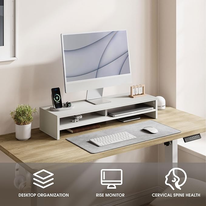 Fenge 31.5 Inch Dual Monitor Stand Riser for Desk, White | Wooden Desk Shelf, 2-Tier Open Storage Compartment, for PC Laptop Screen Printer, Home Office Desktop Organizer - Image 2