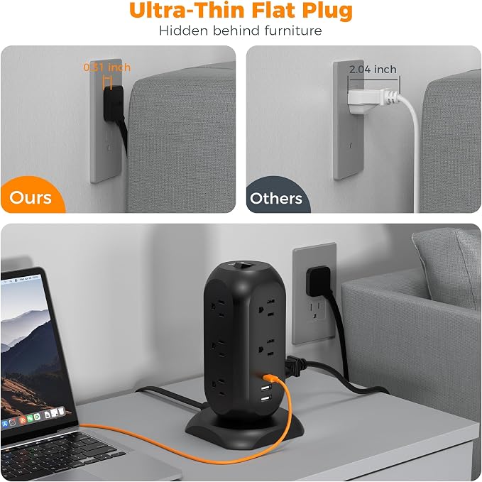 TESSAN Tower Power Strip Flat Plug with 1050J Surge Protection, 6 Ft, Black | 11 Outlets 3 USB (1 USB C), Surge Protector Power Tower, Extension Cord with Multiple Outlets, Dorm, Office Desk Supplies - Image 4