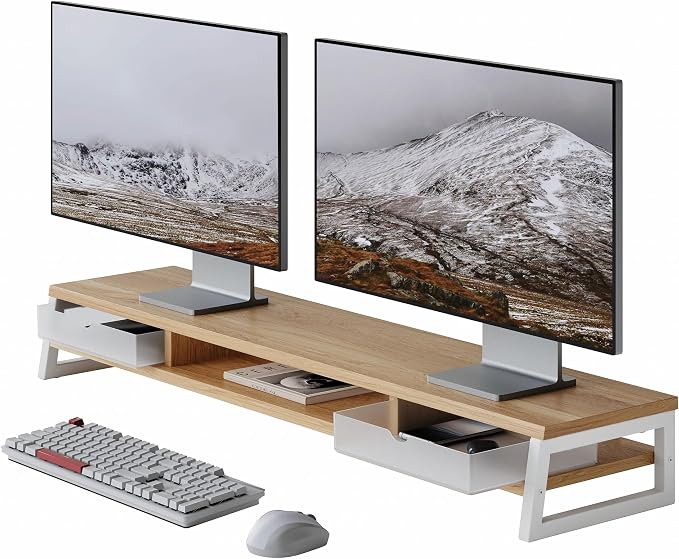 Fenge Dual Monitor Stand, Monitor Riser with Drawer, 42.5 Inch Large Computer Monitor Stand for 2 Monitors, 2 Tier Wooden Desk Shelf for Top of Desk by Fenge